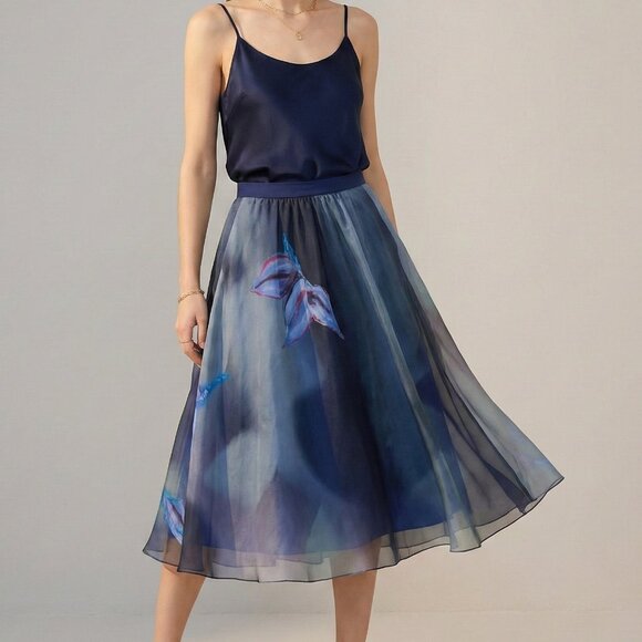 Silk Midi Skirt Floral A-lined Lined Blue Ombre - Picture 1 of 13